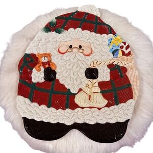 Santa Claus Plaid Christmas Platter Earthenware Holiday Serving Dish